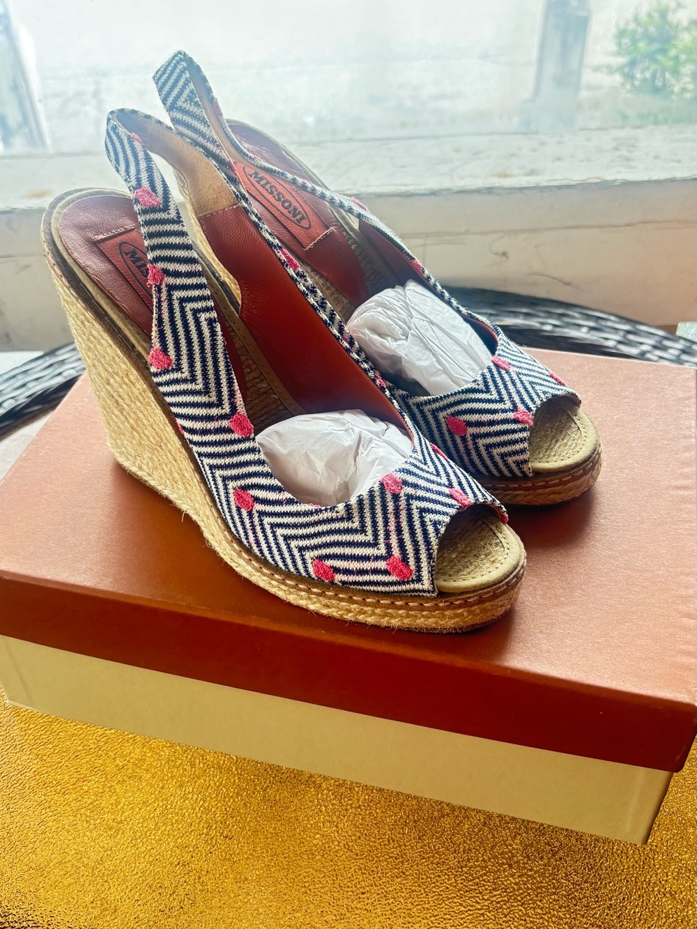 Missoni Navy Chevron Wedge Espadrilles with Pink Dot Detail